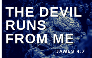 Dark blue skull with the words The Devil Runs From Me. James 4:7