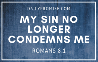 Hazy blue background with the words "My Sin No Longer Condemns Me" Romans 8:1 in white letters