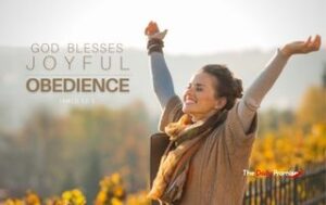 Woman with hands raised. "God Blesses Joyful Obedience" - Psalm 119:14