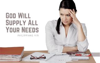 Woman with a Worried Look on Her Face with the words - My God Will Supply All Your Needs. Philippians 4:19