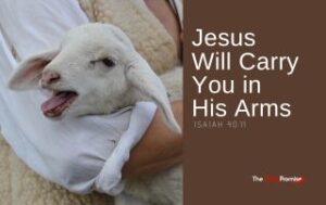 Picture of a shepherd carrying a lamb in his arms. "Jesus Will Carry You in His Arms." Isaiah 40:11