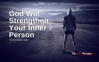 Runner looking down a long dark road. "God Will Strengthen Your Inner Person." Ephesians 3:16