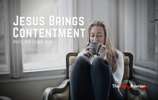 Woman sitting in chair with a cup of coffee - "Jesus Brings Contentment"