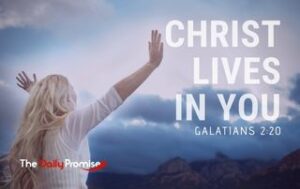Woman facing clouds with hands raised. Christ Lives in You. Galatians 2:20