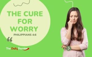 Woman on green background with the caption - "The Cure for Worry"