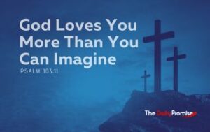 Three crosses on a blue background. "God loves you more than you can imagine."