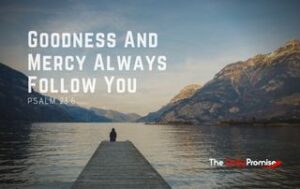 Goodness and Mercy Are Always With You. A Person sitting on a dock, looking out to the water and mountain