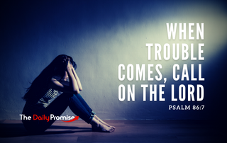 A woman sitting with her hands on her knees. "When Trouble Comes, Call on the Lord"
