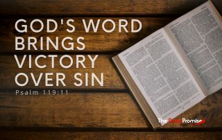 A Bible opened on brown wood slates. "God's Word Brings Victory Over Sin"