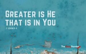 Teal background with the title words "Greater is He that is in You" - 1 John 4:4