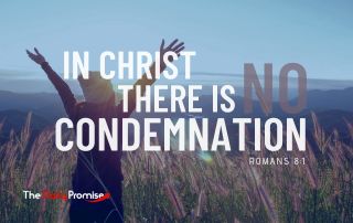 A woman standing in a field with her hands lifted in praise. - "In Christ, there is no condemnation" - Romans 8:1