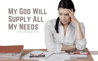 Woman with a Worried Look on Her Face with the words - "My God Will Supply All My Needs." Philippians 4:19
