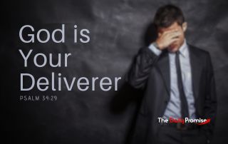 Worried man in black suit with the words - God deliverer. Psalm 34:19