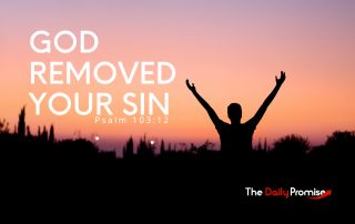 A man standing before a sunset with his hands raised - "God Removed Your Sin"
