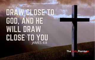 An empty cross on a hill with dark clouds. "Draw Close to God, and He will Draw Close to You - James 4:8