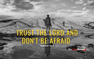A man is facing a mountain in a black and white photo. The caption reads "Trust the Lord and Don't be Afraid."