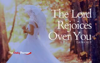 A bride standing with leaves falling. "The Lord Rejoices Over You" - Isaiah 62:5