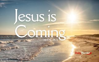 Sun breaking through the sky along a sandy beach. "Jesus is Coming" - John 14:3