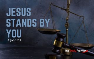 Scales of justice with an anvil on a blue background. "Jesus stands with you" - 1 John 2:1