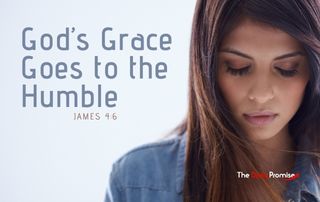 A woman with a blue dress has her head bowed in prayer - "God's Grace Goes to the Humble"