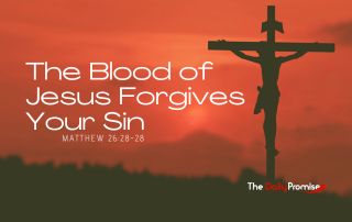 Jesus hanging on the cross with a dark red sky behind him. "The Blood of Jesus Forgives Your Sin" - Matthew 26:27-28