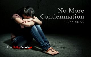 A woman siting with her head on her knees - "No More Condemnation" - 1 John 3:19-20