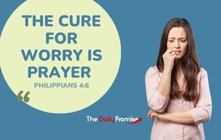 A Woman on with a worried look is standing in front of a blue background with the caption - "The Cure for Worry is Praher"