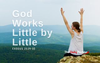 A woman sitting on a mountainside with her hands raised. ""God Works Little by Little"