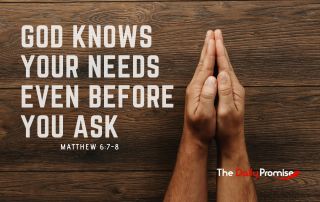 Hands folded in prayer against a wood background. "God Knows Your Needs Even Before You Ask."