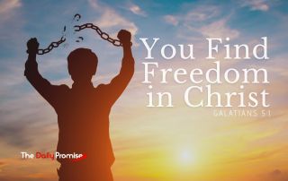 A man stands with his arms raised, breaking a chain. "You Find Freedom in Christ"