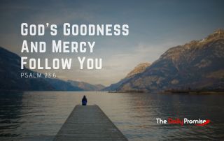 A river scene with a man sitting on the edge of a dock. "God's Goodness and Mery Follow You"