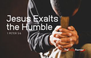 A man with his head bowed holding a Bible. "Jesus Exalts the Humble."