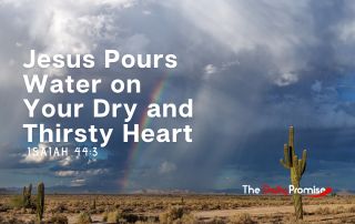 A dry desert with rain on the horizon. A cactus is on the front right side. "Jesus Pours Water on Your Thirsty Soul" is the title in white.