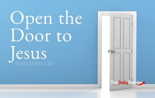 Picture of a light blue wall with a white open door. Title reads, "Open the Door to Jesus.