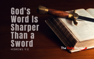 Bible laying on wooden planks. A sword is laying across the Bible - "God's Word is Sharper Than a Sword" - Hebrews 4:12