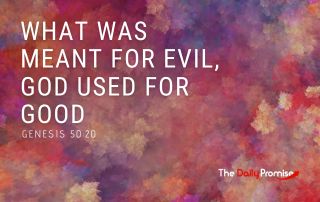 Title: "What Was Meant for Evil, God Used for Good" on a pink and red splotched background.