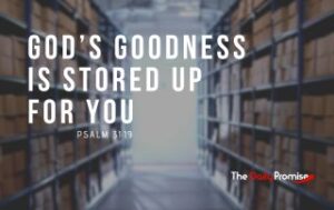 A view of looking down racks of storage boxes. "God's Goodness is Stored up for You" Psalm 31:19