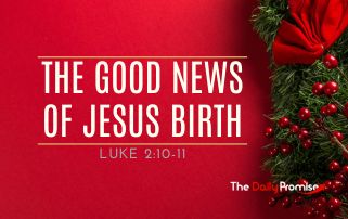 A red background with holly on the right side. "The Good News of Jesus Birth" Luke 2:10-11