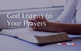 A man with hands folded on top of an open Bible "God Listens to Your Prayers"