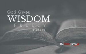 An open Bible in black and white with the words "God Gives Wisdom Freely"
