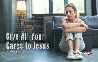 A woman is sitting on the floor with her hands on her knees. She looks worried. "Give all your cares to Jesus"