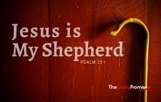 A shepherd's staff on a dark red wood background. "Jesus is My Shepherd" Psalm 23:1