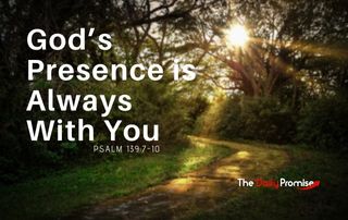 A wooded area with a dirt path running through it. The sun is peaking through the leaves. "God's Presence is Always With You"