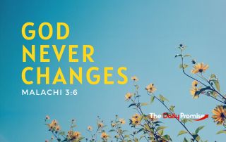 Blue sky with small red flowers on the bottom right side. A yellow headline reads "God Never Changes."