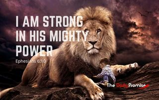 A lion with a small boy at its feet. "You Are Strong in His Mighty Power" - Ephesians 6:10