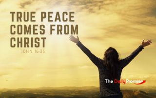 A woman's hands raise to the sky. "True Peace Comes from Christ" - John 16:33