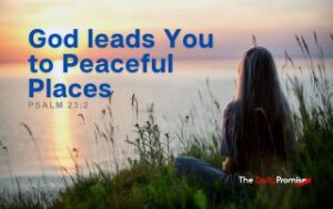 A woman with her back to the screen looking at lake - "God Leads You to Peaceful Places" Psalm 23:2