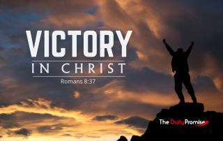 A man with hands raised, standing against dark clouds, on the top of a hill "Victory in Christ" Romans 8:37