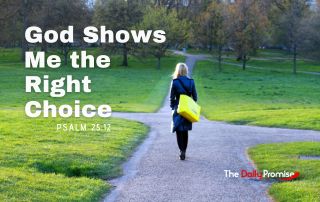 A woman standing at a fork in the road. - "God Shows Me the Right Choice." Psalm 25:12
