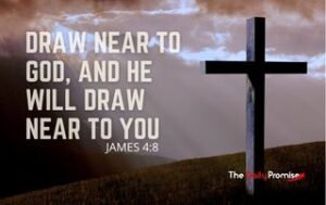 An empty cross on a hill with dark clouds. "Draw Near to God, and He will Draw Near to You - James 4:8